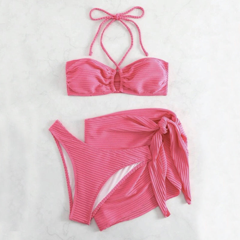3pcs cor sólida listra maiô sexy verão praia conjunto de biquíni roupas femininas