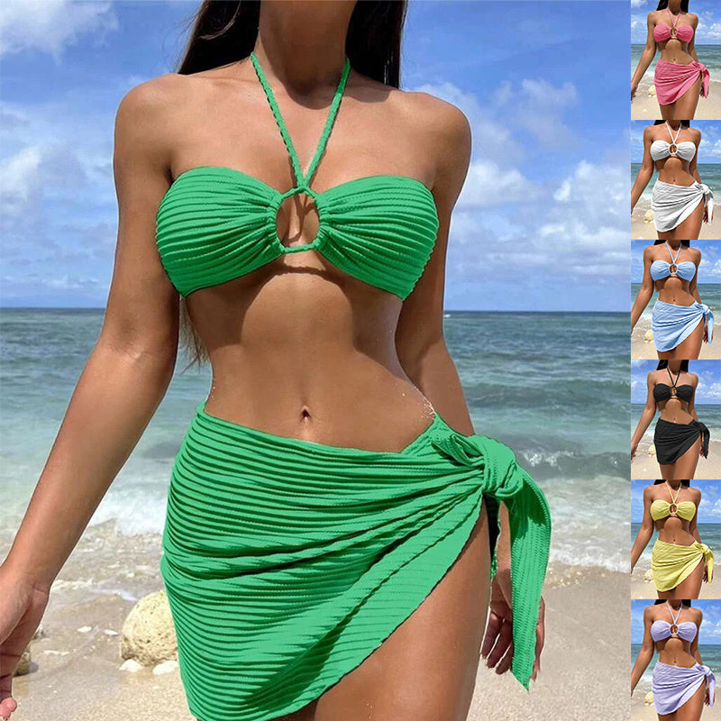 3pcs cor sólida listra maiô sexy verão praia conjunto de biquíni roupas femininas