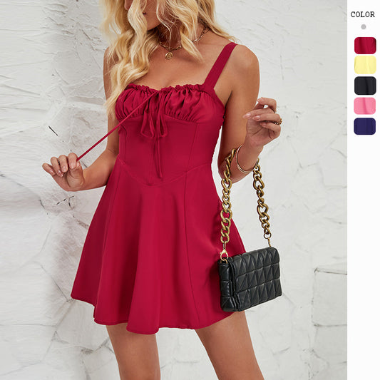 Verão sem mangas cor sólida vestido evasê mini saia