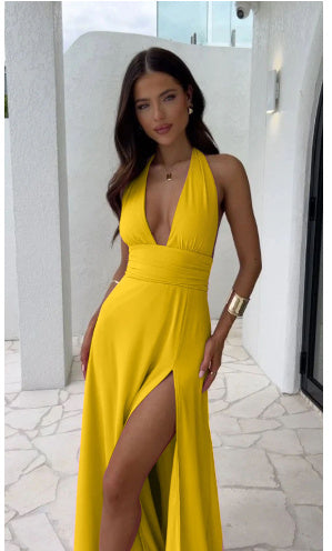 Vestido com decote em v vestido de fenda verão sem costas saia com tiras